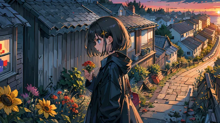 girl with, Black coat, A dark-haired, abandoned houses, Entirely in pixel art, short-haired, holding a flower, during a sunset, A dark-haired　profile　study