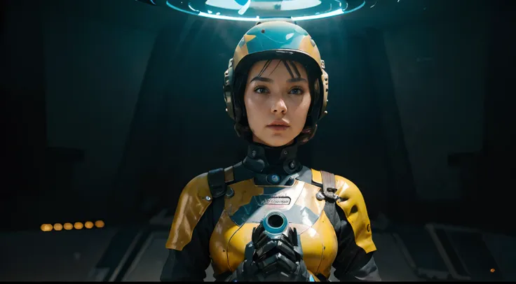 A Robot Girl with helmet and the Rocketeer style, tongs in hands, Tv head, pinhead, Black and Yellow Pink Cyan Rusty, Ambient in a meteorite crater super detailed, center, beautiful, soft lighting, focused on the character, 4K resolution, photorealistic re...