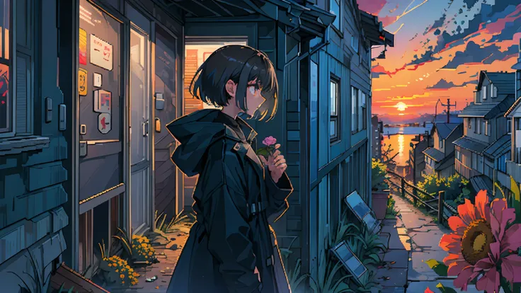 girl with, Black coat, A dark-haired, abandoned houses, Entirely in pixel art, short-haired, holding a flower, during a sunset, A dark-haired　profile　study