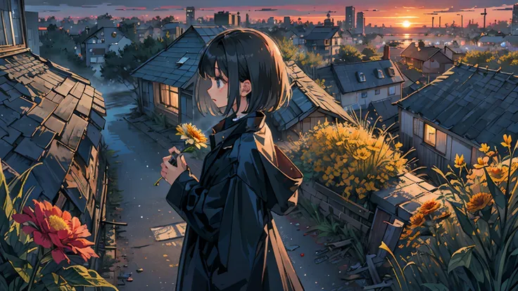 girl with, Black coat, A dark-haired, abandoned houses, Entirely in pixel art, short-haired, holding a flower, during a sunset, A dark-haired　profile　study