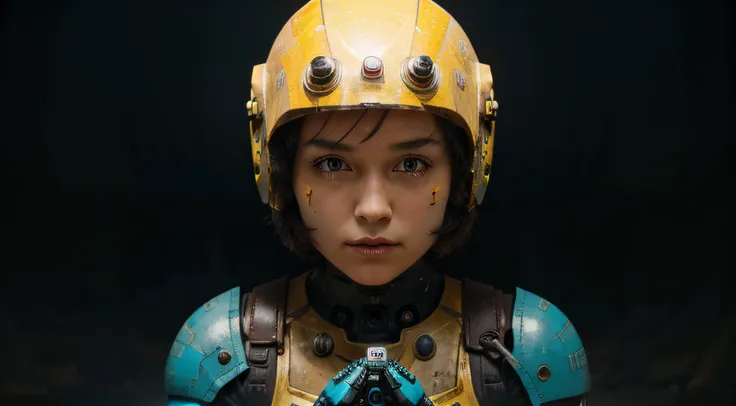 a robot girl with helmet and the rocketeer style, tongs in hands, tv head, pinhead, black and yellow pink cyan rusty, ambient in...