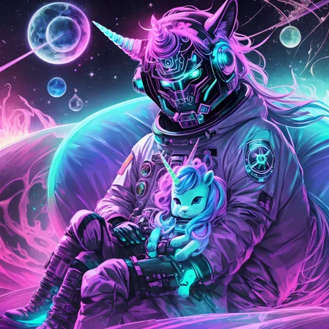 Neon Bioluminescent Samurai wearing  (unicorn) mask sitting on the couch beside cute (Alien) with (Neon-noir) rainbow technicolor aura, watching (Cosmonaut) floating in (space) scene, ultra detailed, intricate, spectacular colors, Alchemical Hallucination ...