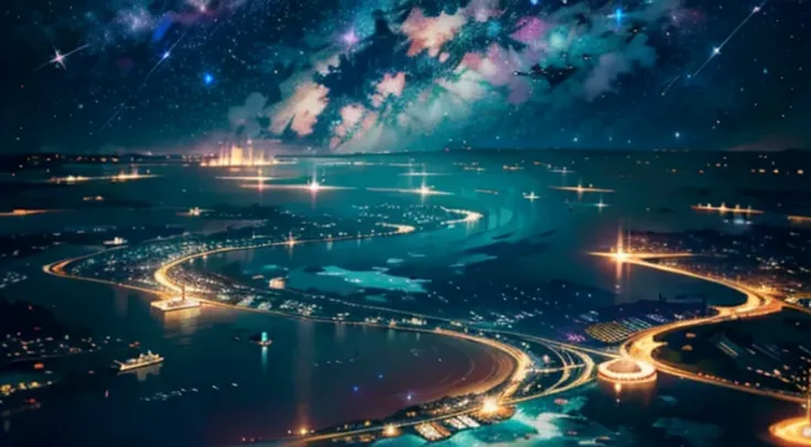 In the Starry Sky，A school of fish invites you to swim in the sky，Ultra-high resolution, hight resolution, (masutepiece:1.4),surrealistic ，Hyper-detailing, Seen from above, Starry night sky, afloat， --v 6