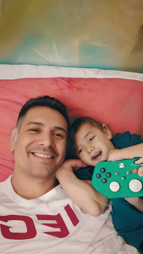 there is a man and a child lying on a bed with a remote control, with a kid, playing video games, next gen, postagem no reddit, ...