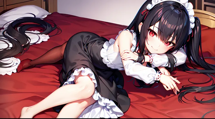 Anime girl with black hair and red eyes lying on a bed, loli, maid dress, evil smile, crimson red eyes, kaichou wa maid sama, anime girl