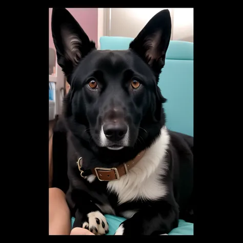 Theres a black dog thats sitting on a persons lap, peludo bonito precisa de sua ajuda, is looking at the camera, staring directly at camera, looks directly at camera, 4 5 I, looks into the camera, sitting on a lab table, Aussie, extremamente bonito, circun...