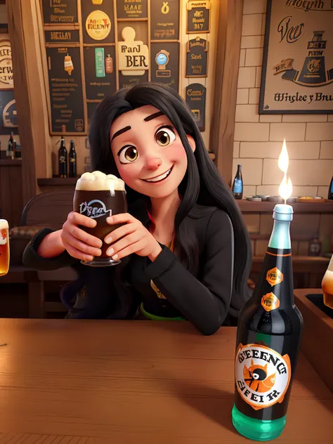 Smiling woman with long black hair with pint of beer in hand in a pub in Disney Pixar style