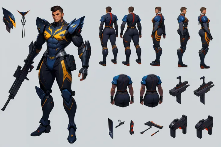 ((Masterpiece, Highest quality)), Detailed face, character design sheet full bodyesbian, Full of details, frontal body view, back body view, Highly detailed, Depth, Many parts, male cyborg with guns，full weapons, muscular, futuristic costumes, marksman