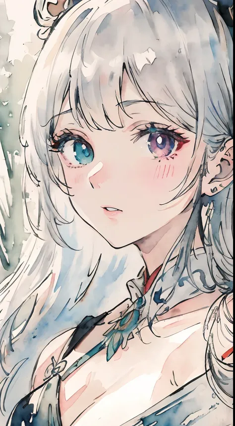 (top-quality)、(masuter piece:1.2)、(colourfull:0.9)、(Ink splash)、(Color splash)、((watercolor paiting))、Sharp Sharp Focus、(Portrait of the Goddess of Summer:1.5)、Cute look、Classy silver hairstyles、Beautifully detailed face and eyes、finely detailed  eyes and ...