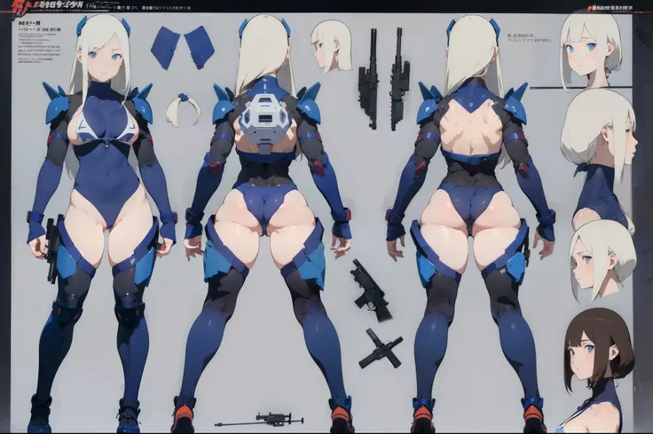 ((Masterpiece, Highest quality)), Detailed face, character design sheet full bodyesbian, Full of details, frontal body view, back body view, Highly detailed, Depth, Many parts, male cyborg with guns，full weapons, muscular, futuristic costumes, marksman