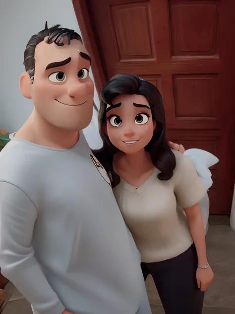 Disney Pixar style poster. A man with shaved black hair and black eyes and a short beard a woman with black hair and dark eyes hugging Disney Pixar style, high quality, best quality