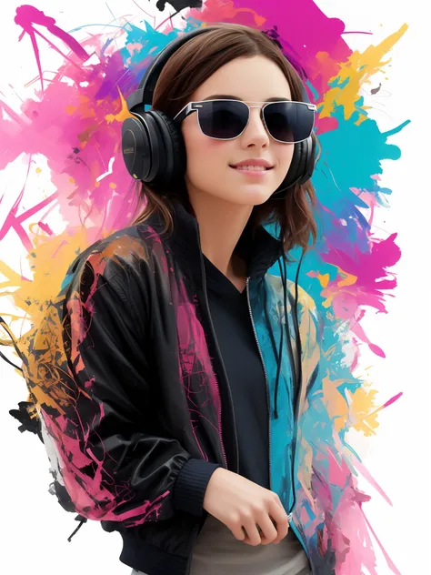 Perfect centering, cute, Wear a student team jacket, Wearing sunglasses, Wearing headphones, cheerfulness, Standing position, Abstract beauty, Centered, Looking at the camera, Facing the camera, Approaching perfection, Dynamic, Highly detailed,  Smooth, Sh...