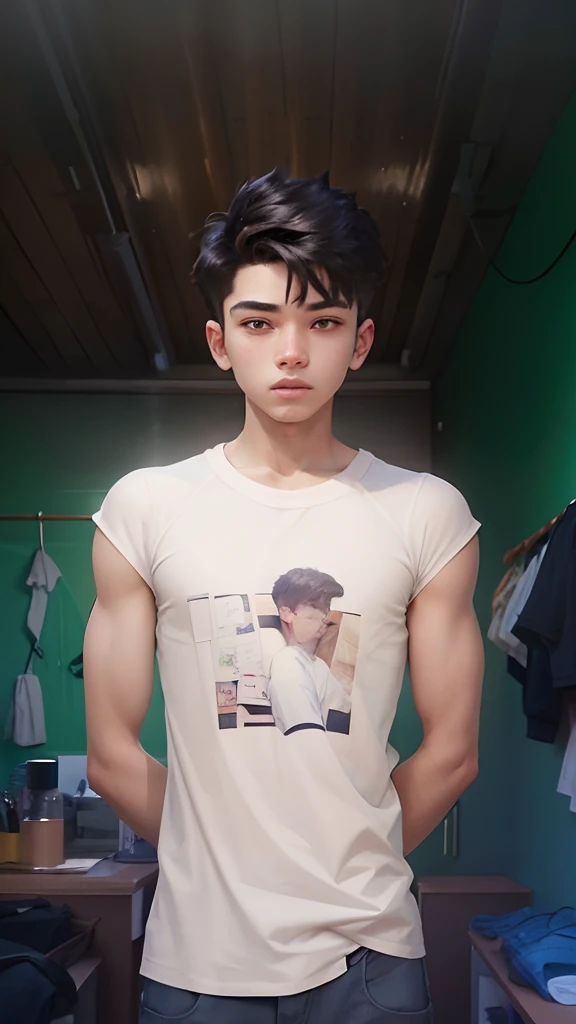 An 18-year-old boy, wearing a short shirt with his waist exposed