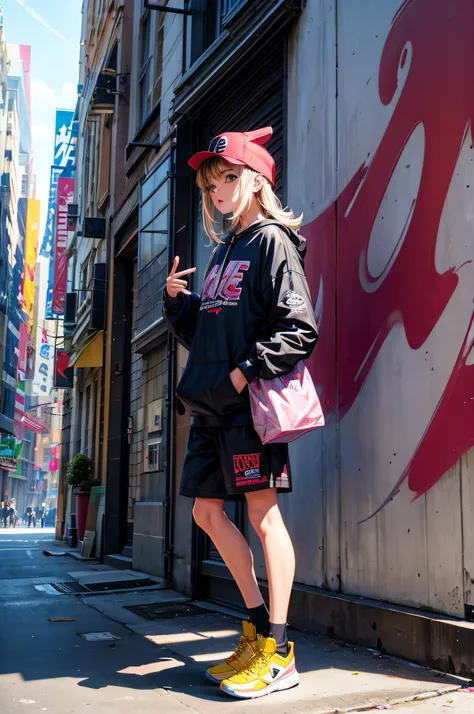 singe, habillé en street-wear, rue de new-york, rap, basket, hip-hop, graffiti