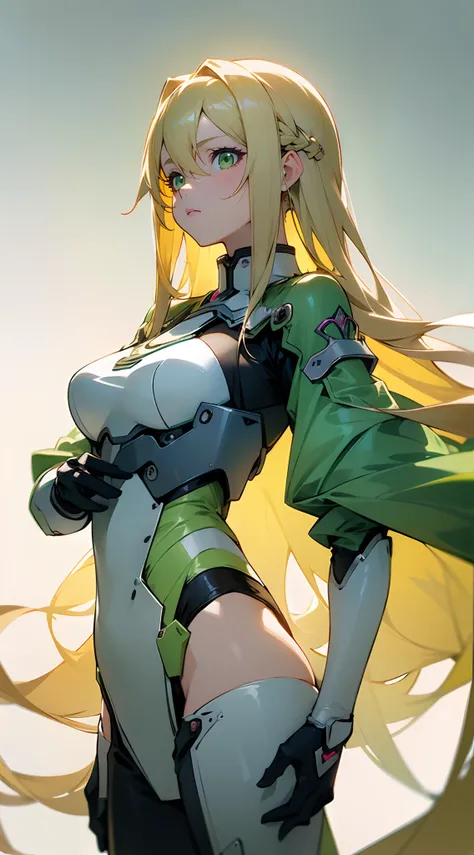 Beautiful woman , extremely long hair , blonde hair , green eyes , 32,

(masterpiece, best quality )detailed, 1Character ,  pastel washed out colors , cell shade , soft, muted shades ,gentle colors , 

Wearing a mix of sword art online and futuristic style...