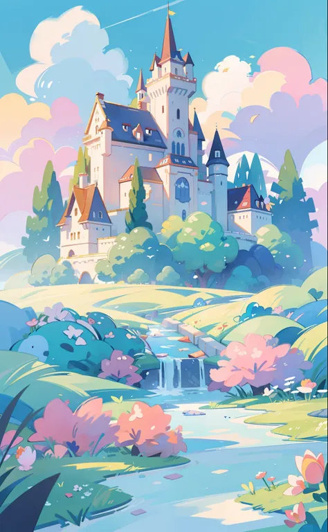 picture book illustration, watercolor storybook illustration, princess castle, fairytale castle, fairytale towers, clouds, vibrant pastel colors, dream, colorful, whimsical, magical, masterpiece, best quality, sharp focus, intricately detailed environment,...