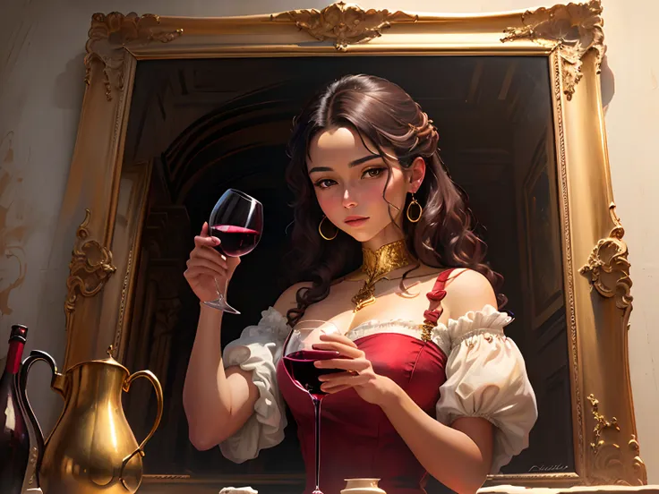 Oil painting of a brown hand pouring out red wine from a golden chalice