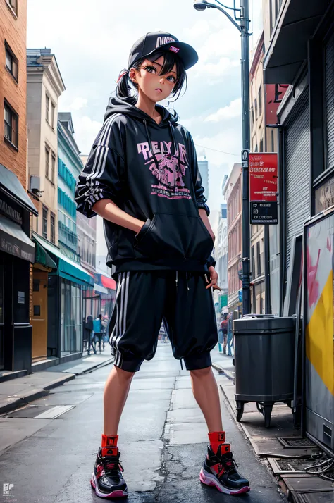 fille, dressed in street-wear, rue de new-york, rap, basket, hip-hop, graffiti, Full day