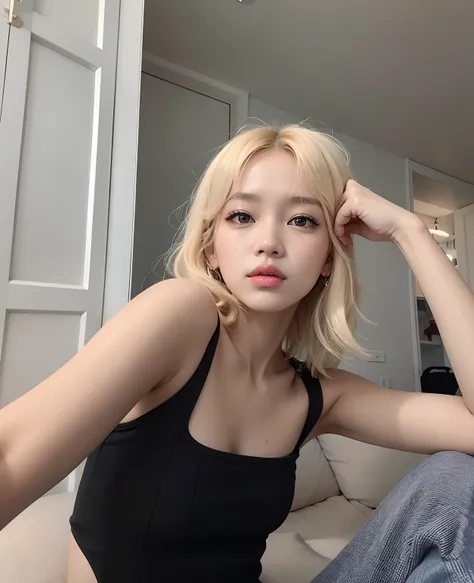 Blonde woman in black top sitting on a sofa with hand on head, Sun Yunjoo, Lalisa Manobal, Imagen filtrada, con el pelo corto, Heonhwa Choe, Parque Roseanne de Blackpink, Lleva una camiseta negra sin mangas, Su cabello es blanco, Taejune Kim, Lalisa Manoba...