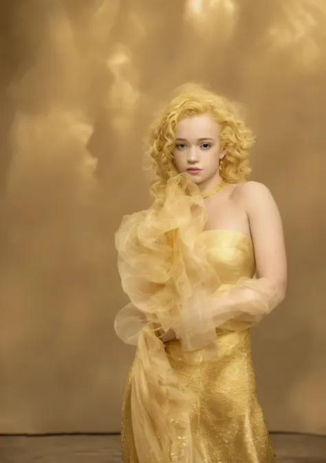 blond woman in a gold dress posing for a picture, pale skin curly blond hair, yelena belova, julia garner, blonde girl in a cosmic dress, curly blonde hair | d & d, sofya emelenko, wearing organza gown, elegant lady with alabaster skin, wearing a dress of ...