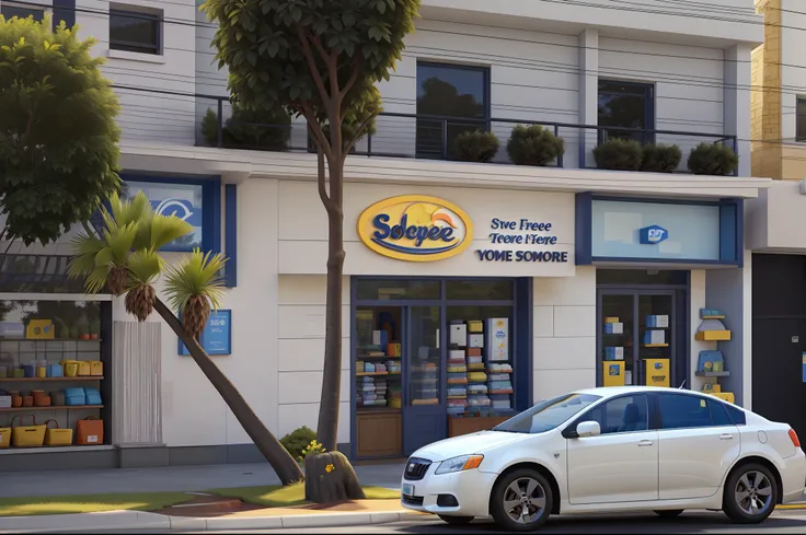 Store facade, with a yellow logo, two trees in front, blue facade on the side