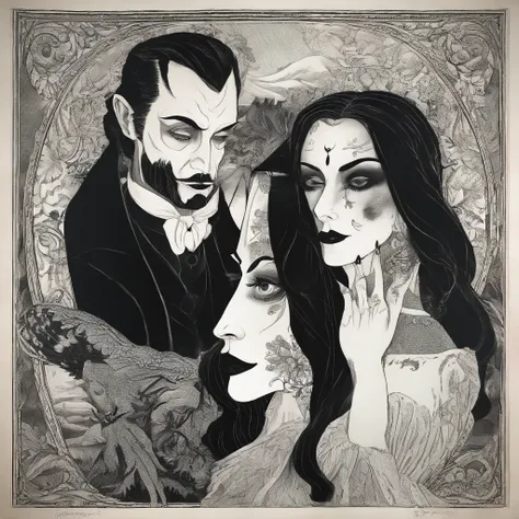 Gomez and Morticia Addams,creepy black and white portrait,dark and eerie composition,vintage black-and-white film aesthetic,delicate black lace detailing,carefully styled facial expressions of passion,deep set eyes,fierce gazes,dramatic lighting,subtle smo...