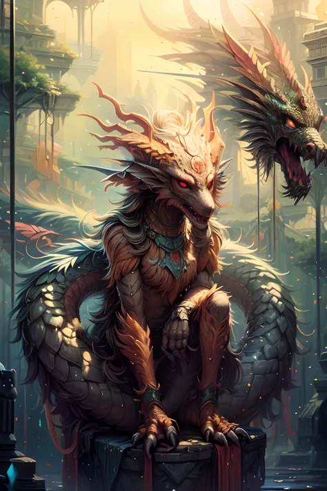 a painting of a dragon with a long tail, mythical creature, symmetrical epic fantasy art, detailed fantasy digital art, detailed digital 2d fantasy art, detailed fantasy art, ancient creature, digital painting of quetzalcoatl, fantasy creature, highly deta...