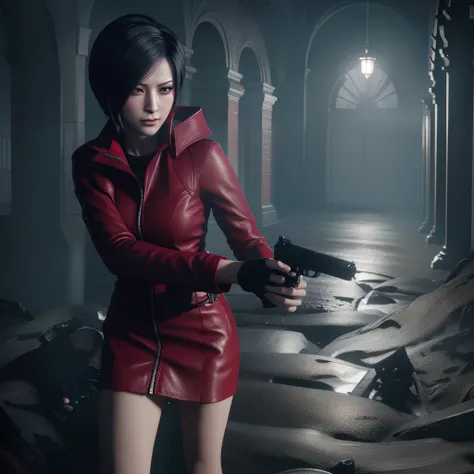 hd, ada wong, beautiful face, bob hair, red long coat with black nail polish,  glare, holding a gun