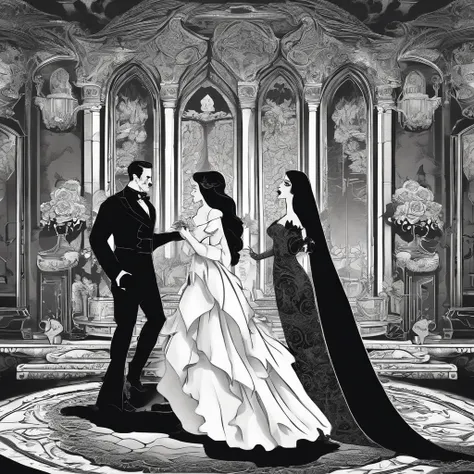 Gomez and Morticia Addams,creepy black and white portrait,dark and eerie composition,vintage black-and-white film aesthetic,delicate black lace detailing,carefully styled facial expressions of passion,deep set eyes,fierce gazes,dramatic lighting,subtle smo...