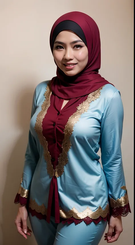 matured malay woman in hijab wearing lace red color pajamas portrait photography, mid shot photo, ultra detail, professional photograph with professional lighting, smile, light blue studio background, sexy seducing pose, curvy