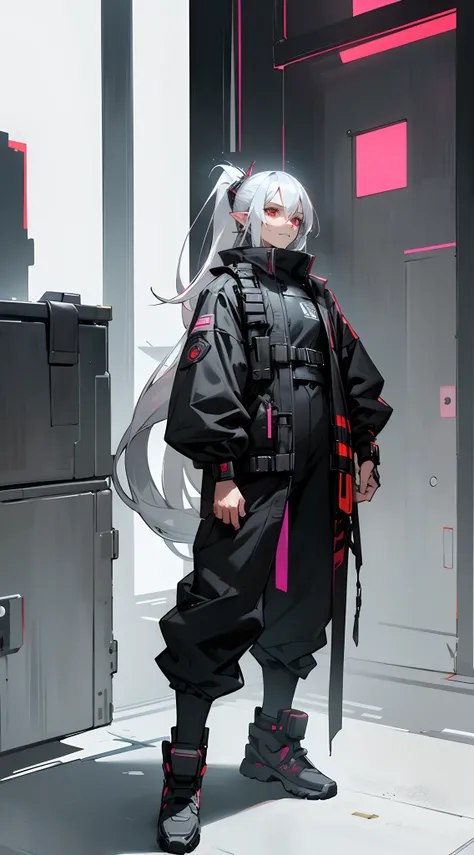 Handsome man, ((gray stubble :1.1)) , red eyes , elf ears , extremely long hair , ((silver hair)) , hair in a ponytail, lean , muscular ,((male:2 )), age 41,

standing in front of a building, wearing techwear and armor, photograph of a techwear, all black ...