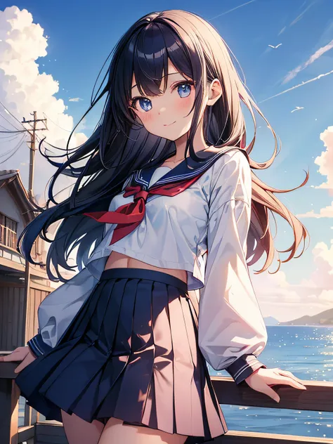 (masutepiece ,best quality,insanely detailed), 1 cute pure girl,innocent smile,serafuku,blue collar,navy pleated skirt,from belo...