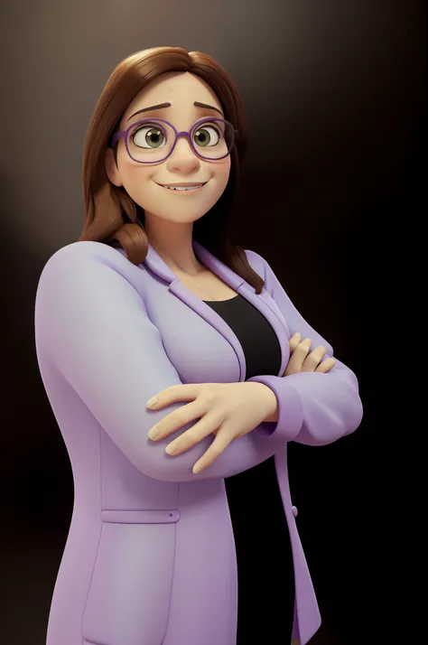 Smiling woman in purple coat and glasses with crossed arms, Lorena Avarez, fernanda suarez, Magda Torres Gurza, Estefania Villegas Burgos, foto de perfil profissional, imagem profissional, by Amelia Peláez, Alanis Guillen, Mina Petrovic, imagem retrato, Ca...