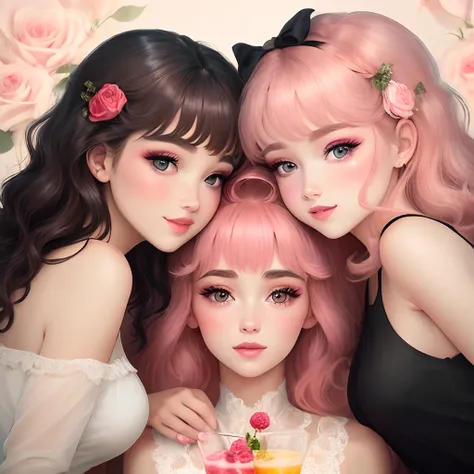 Filles mignonnes peau  claire parfait avec du blush rosé des yeux noirs avec des long cils courbé un petit nez des lèvres charnues rouge naturel avec des cheveux roses pastel long et une frange