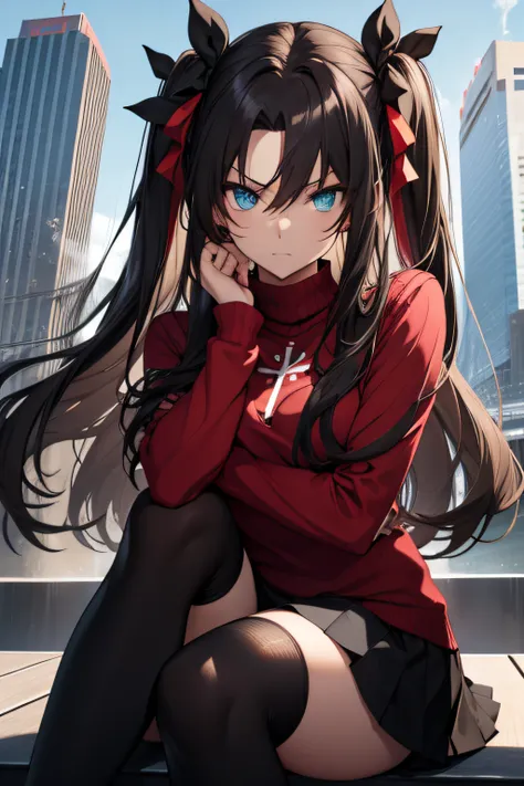 (masterpiece), best quality, expressive eyes, perfect face, 1girl, solo, rintohsaka, rin tohsaka, aqua eyes, black hair, hair ri...