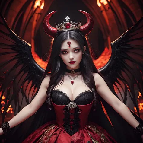 Evil and beautiful queen, Medieval dresses,Japan and Spanish Half Princess,(Her glowing red eyes:1.5),(Her eyes glow red:1.5),Giant Devils Horn,Creepy and ugly demon horns grow,Intricate and realistic demon horns,Giant Devils Horn,A great calamity々Devils W...