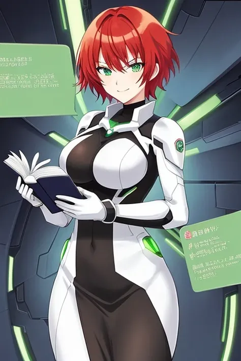 anime style, 2d, anime screencap, 1girl, red hair, medium hair, short hair, futuristic, science-fiction, light smile, white clothes, breasts, green eyes, tech, flower on head, book