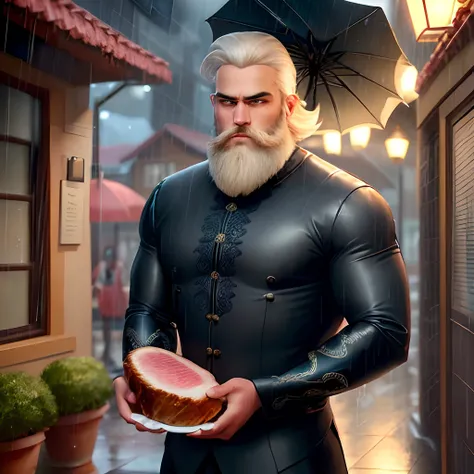 Um velho de cabelos brancos, barba  branca , vestido de terno e gravata com um guarda chuva, uma chuva de carne, escrito " Its raining picanha." Estilo Disney Pixar.