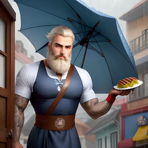 Um velho de cabelos brancos, barba  branca , vestido de terno e gravata com um guarda chuva, uma chuva de carne, escrito " Its raining picanha." Estilo Disney Pixar.