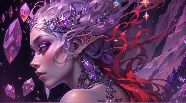 desktop, Drow Dark Elf, Outlandish Minerals, intricate hairstyle, Elven ears, dark gray skin , Around Big Rock Crystal Drusen Amethyst Druses, Mineral dispersion, elegantly, Masterpiece, Alphonse Muchas style, Art Nouveau+ghotic, Doubleexposure, The red ba...