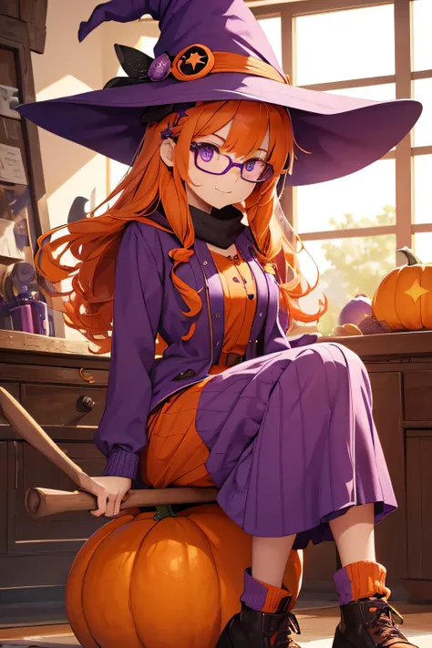 (a girl with a purple witch hat and orange hair riding a broomstick, wearing purple clothes with orange details and stylish prescription glasses on her face, with a big pumpkin on the broomstick, high quality, 4k)