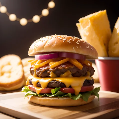 Una deliciosa hamburguesa sola con queso cheddar y panceta crispy en pan brioche con side papas fritas , kinematics, Fotografia Profesional, Studio lighting, Antecedentes del estudio, advertising photography, Detalles intrincados, hiperdetallado, ultra rea...