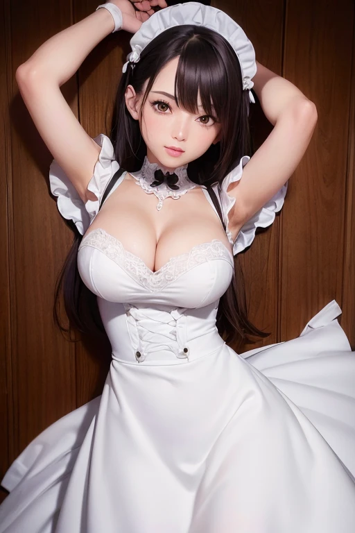 ((Best Quality, 8K, Ultra-detailed, masutepiece: 1.3)), 1girl in, Shiny skin, sharp, Perfect Body Beauty, realistic shaded perfect body, ("maid ,White Maid Dress , cleavage":1.2),Big breasts ,(Dynamic Pose:1.1)，