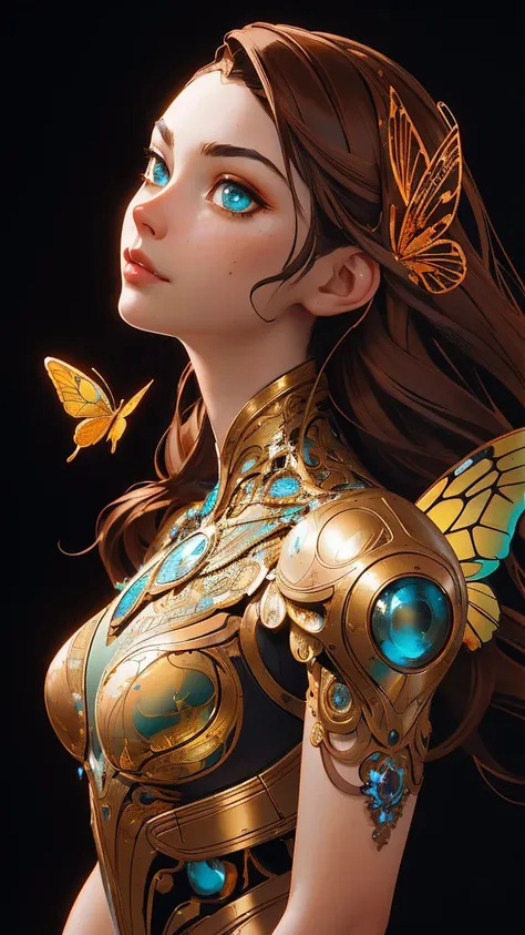 8k portrait of beautiful cyborg with brown hair, intricate, elegant, highly detailed, majestic, digital photography, art by artgerm and ruan jia and greg rutkowski surreal painting gold butterfly filigree, broken glass, (masterpiece, sidelighting, finely d...