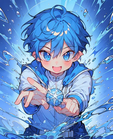 1boy, blue hair, blue eyes ,cute smile, , splash background , big smile , ice power