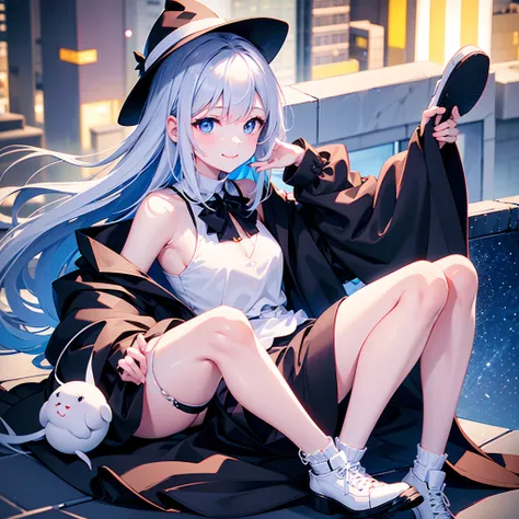 I am on the roof of a building where I can see the night view of Tokyo at midnight、White medium shorthair with blue-purple mesh、Looking at me with a smile、Black sneakers with white shoelaces、Large black witch hat with sapphire accessories、Blue eyes with hi...