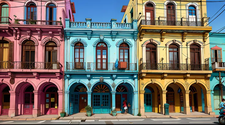 Brightly colored buildings line the street in front of a blue sky, Cuba, cuban setting, brightly colored buildings, colorful buildings,casas coloridas, arquitetura colorida, Raio V