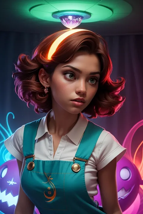 concept art, overhead angle of a Will-o-the-wisp, wearing Funny Somali Emerald deep orange Pinafore, Caramel hair styled as Short hair, fluorescent purple Hair tie, equirectangular 360, Highres,  [(art by Willi Baumeister:1.1), (art by John T. Biggers:1.2)...