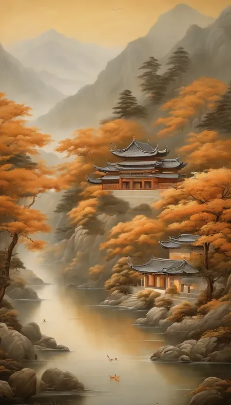 An idyllic Chinese mural, Light orange and light gray style, Layered landscape, japanese style art, monumental murals, Ricoh FF-9D, Golden Age aesthetics, Exotic landscape