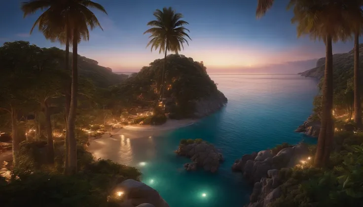 Aerial view of a hyper detailed fantasy world, com uma torre esmeralda no centro da cena, crystal clear waters, With the twilight sky, luz crepuscular, Sunset light, direction of light coming from the right side of the photo, photographic light, ultra foto...